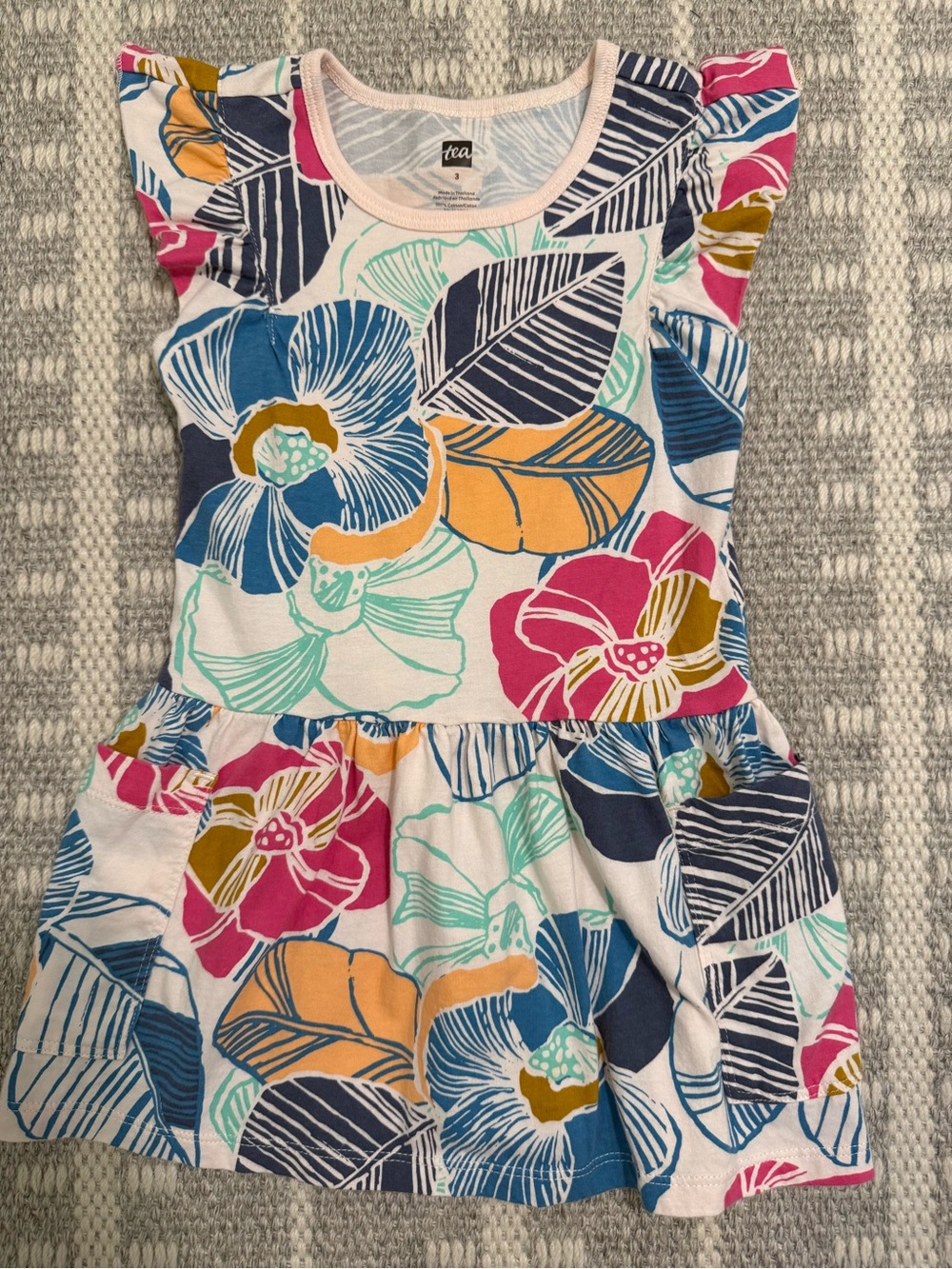 Tea Collection Tropical Gardenias Floral Flutter Sleeve Dress Pockets Size 3
